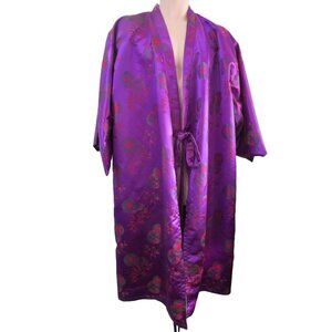 Asian Inspired Tie Front Kimono Robe Purple Red Green Brocade Damask Damage L XL